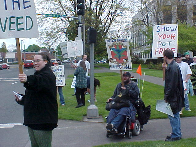 Marchers rally at the corner of Summer and Center streets in Salem, Oregon, first Saturday in May, 2008